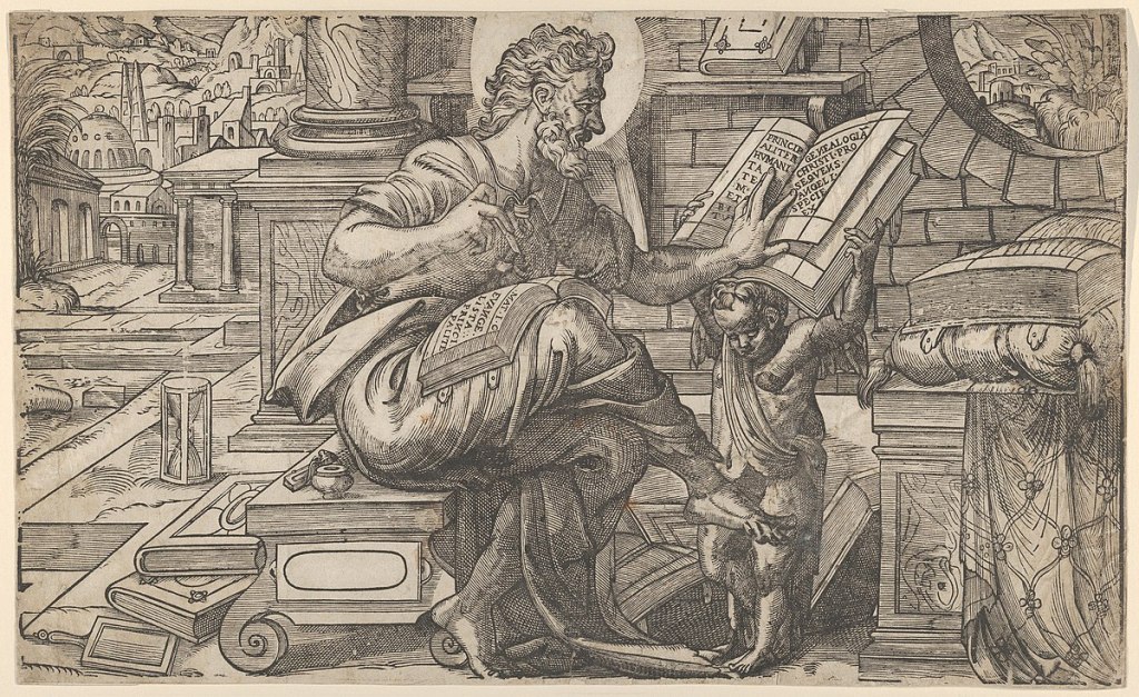 Saint Matthew seated and reading from a book held by a putto